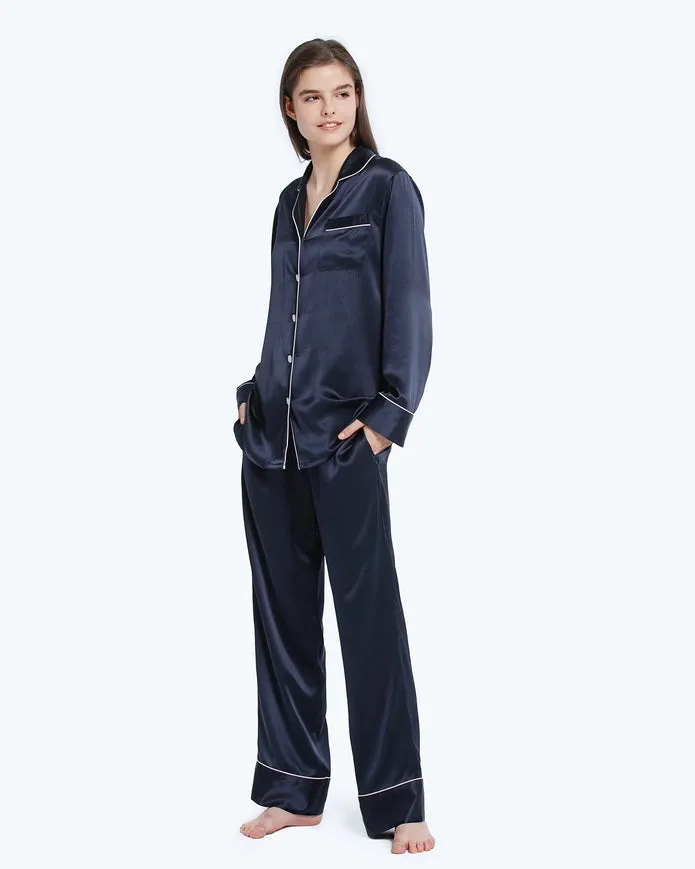 His & Hers Piped Silk Pajamas Navy Blue