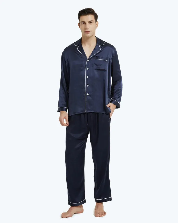 His & Hers Piped Silk Pajamas Navy Blue