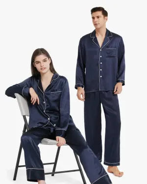 His & Hers Piped Silk Pajamas Navy Blue
