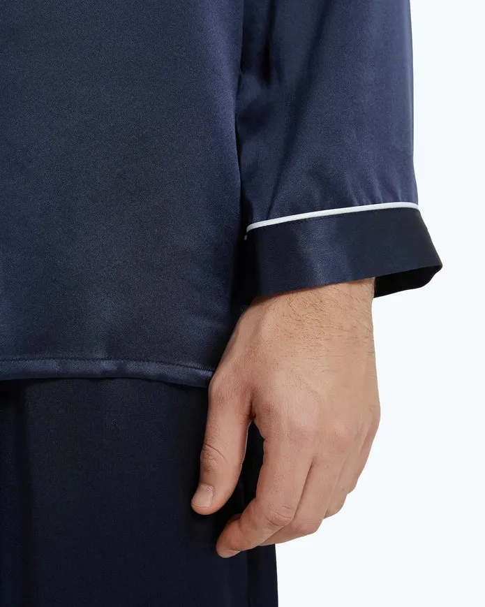 His & Hers Piped Silk Pajamas Navy Blue