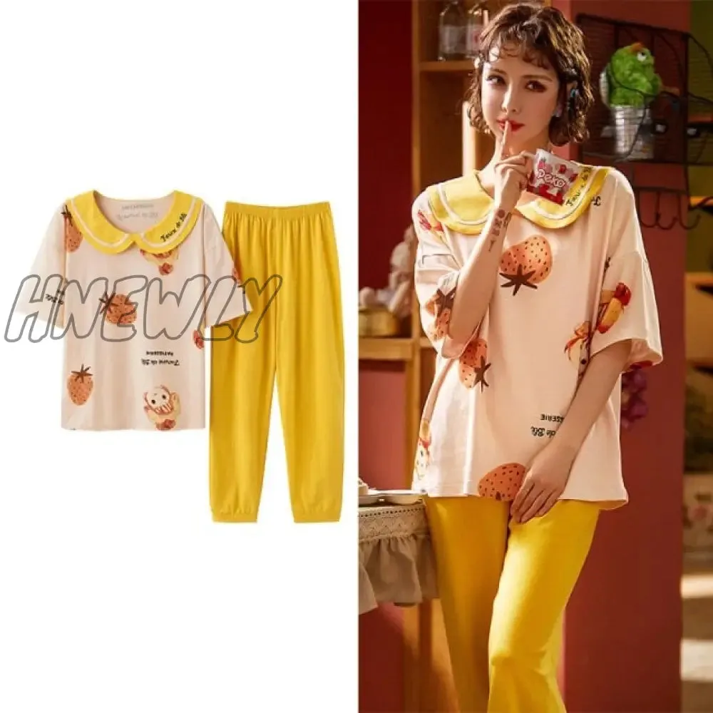 Hnewly New Sleepwear Cartoon Cotton Pajamas for Women Long Pants Short Sleeved Summer Spring Loungewear  Fashion Home Clothing Homewear