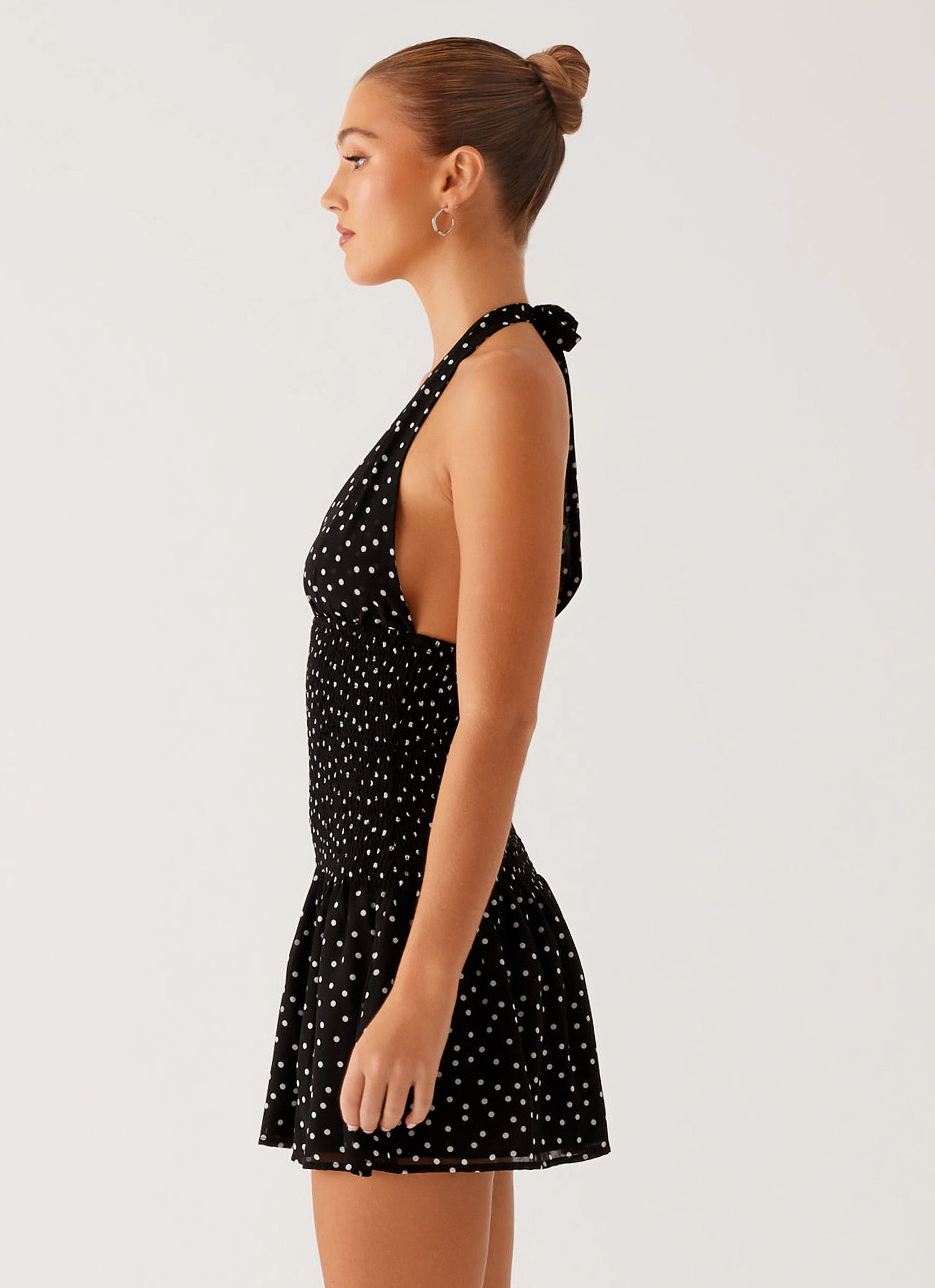 Holden Mini Dress - Black Polka Dot Dreamy Texture Smart Waistband Fit