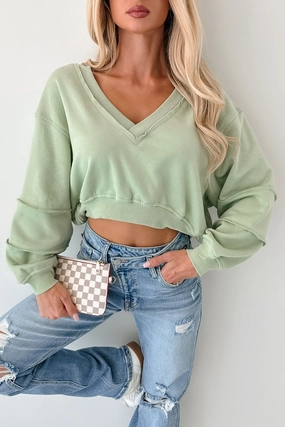 QuickReleaseFastenings Microfiber Blended Fabric Holding My Peace Signature 8 Crop Sweatshirt (Sage)