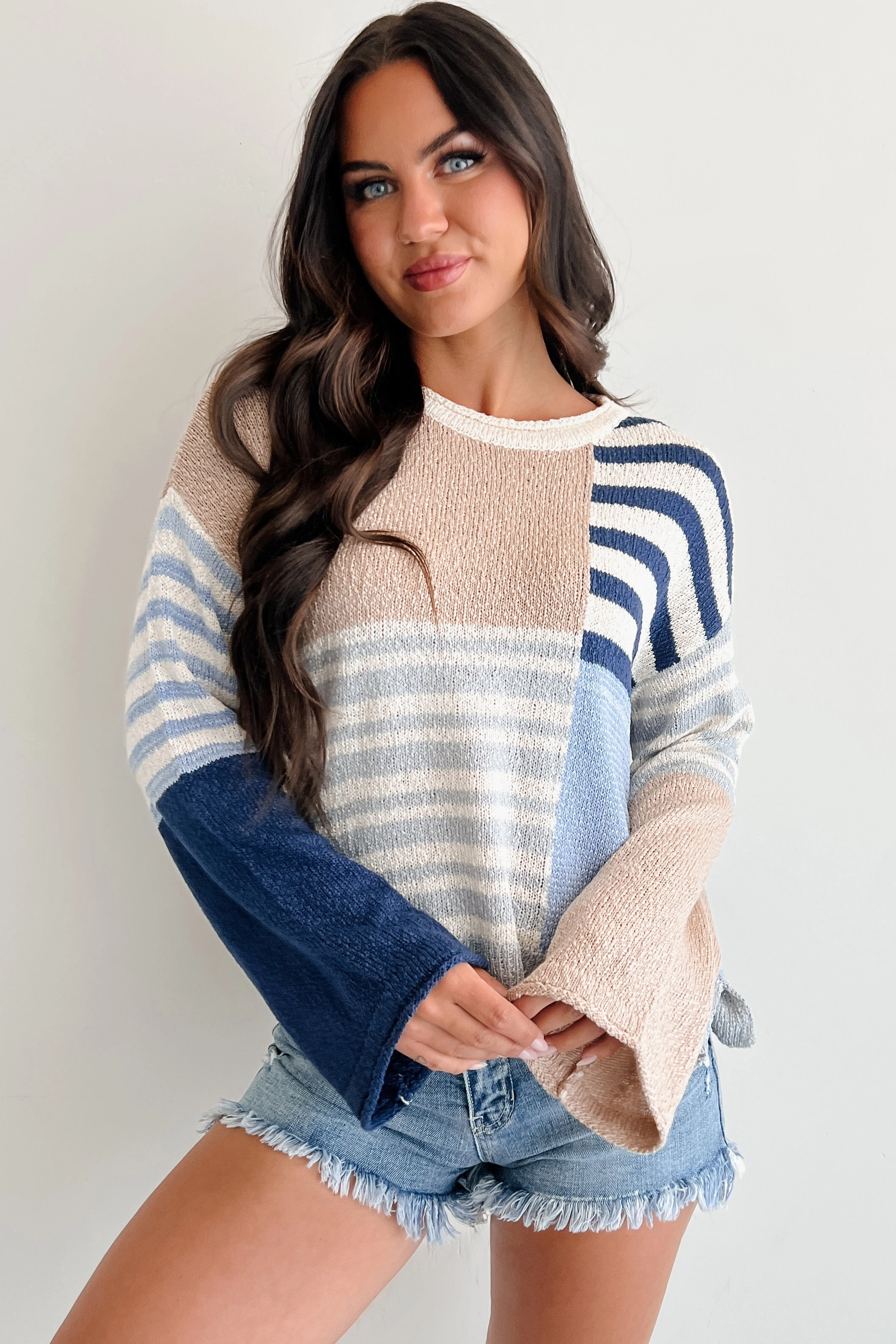 Homebody Era Colorblock Sweater Top (Blue) Contoured Side Panels