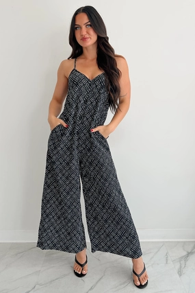 BondedEdges Tagless Neckline Homebody Heaven Pleated Wide Leg Jumpsuit (Black Dotted)