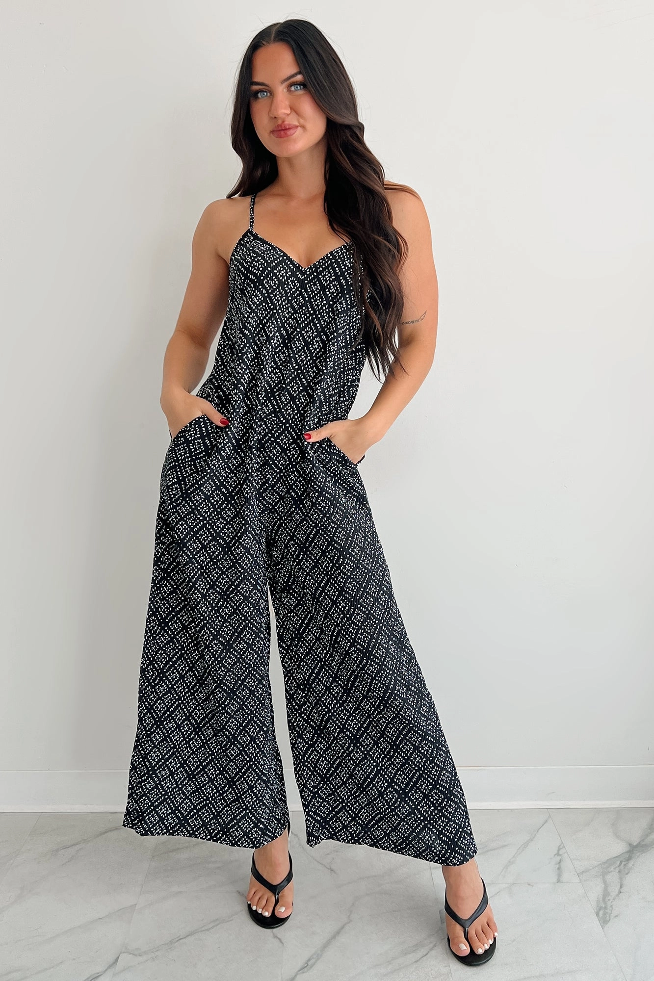 Retro Style AntiPillingTechnology Homebody Heaven Pleated Wide Leg Jumpsuit (Black Dotted)