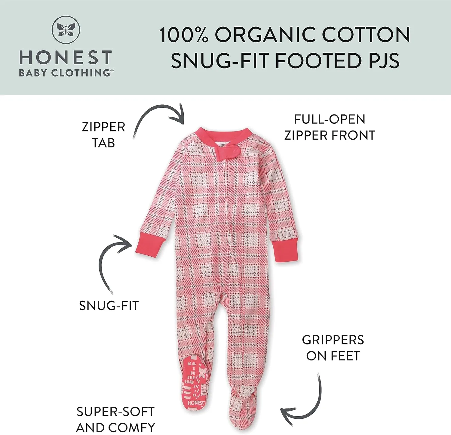 HonestBaby Baby 100% Organic Cotton Classics Non-Slip Footed One-Piece Zip-Front Pajamas