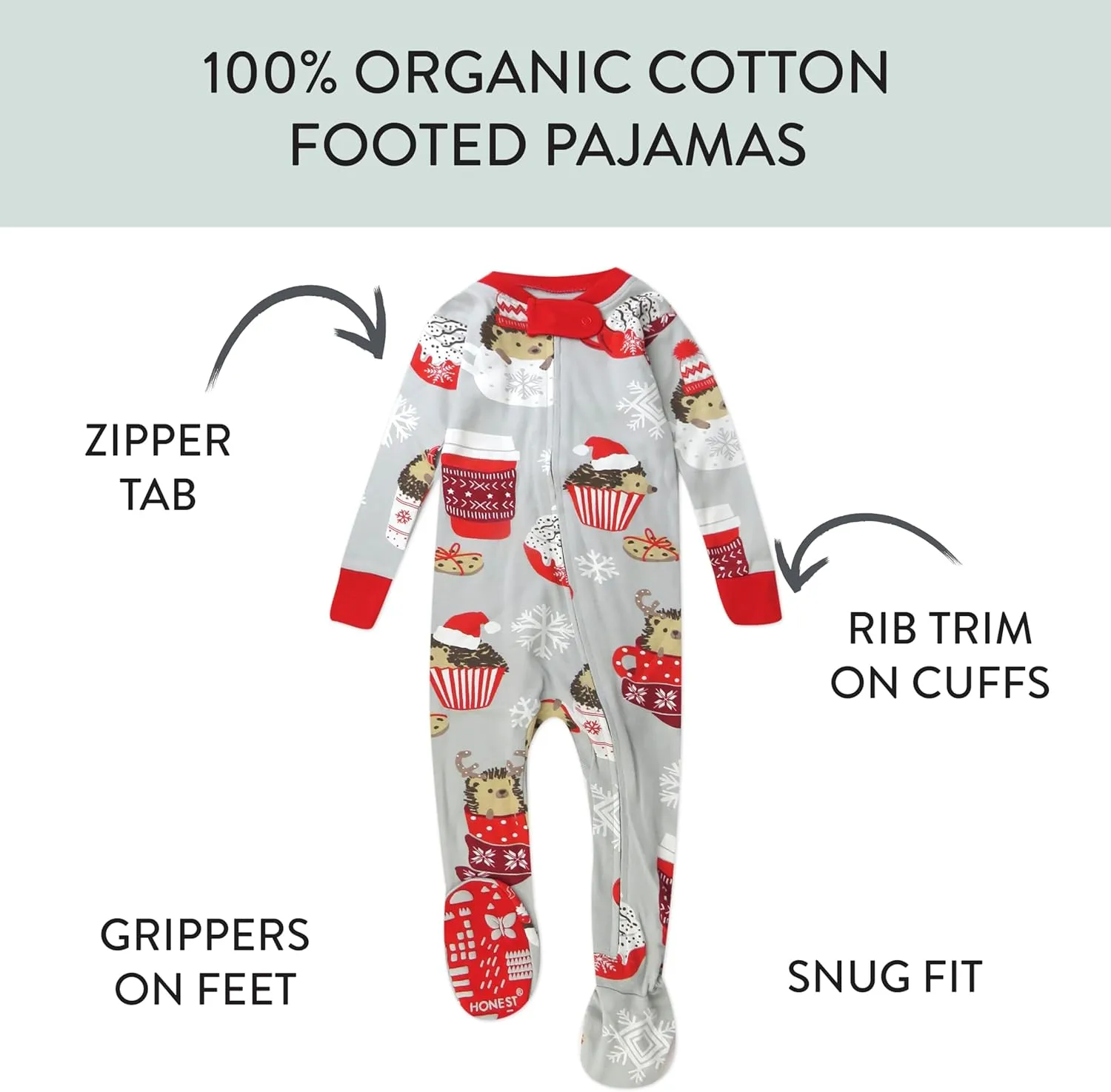 HonestBaby Baby 100% Organic Cotton Holiday Non-Slip Footed One-Piece Zip-Front Pajamas