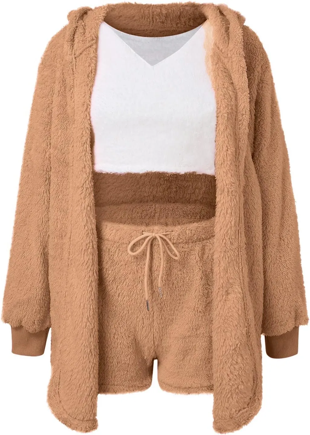 Hooded Cardigan Outwear Crop Tops Shorts Pajama Sets, Women Sexy Warm Fuzzy 3 Piece Outfits Pajama Warm Loungewear