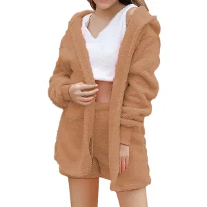 Hooded Cardigan Outwear Crop Tops Shorts Pajama Sets, Women Sexy Warm Fuzzy 3 Piece Outfits Pajama Warm Loungewear