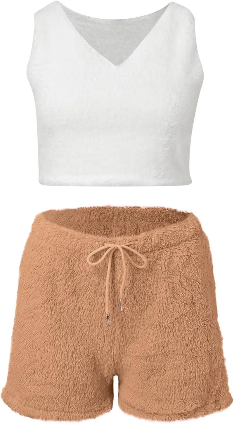 Hooded Cardigan Outwear Crop Tops Shorts Pajama Sets, Women Sexy Warm Fuzzy 3 Piece Outfits Pajama Warm Loungewear