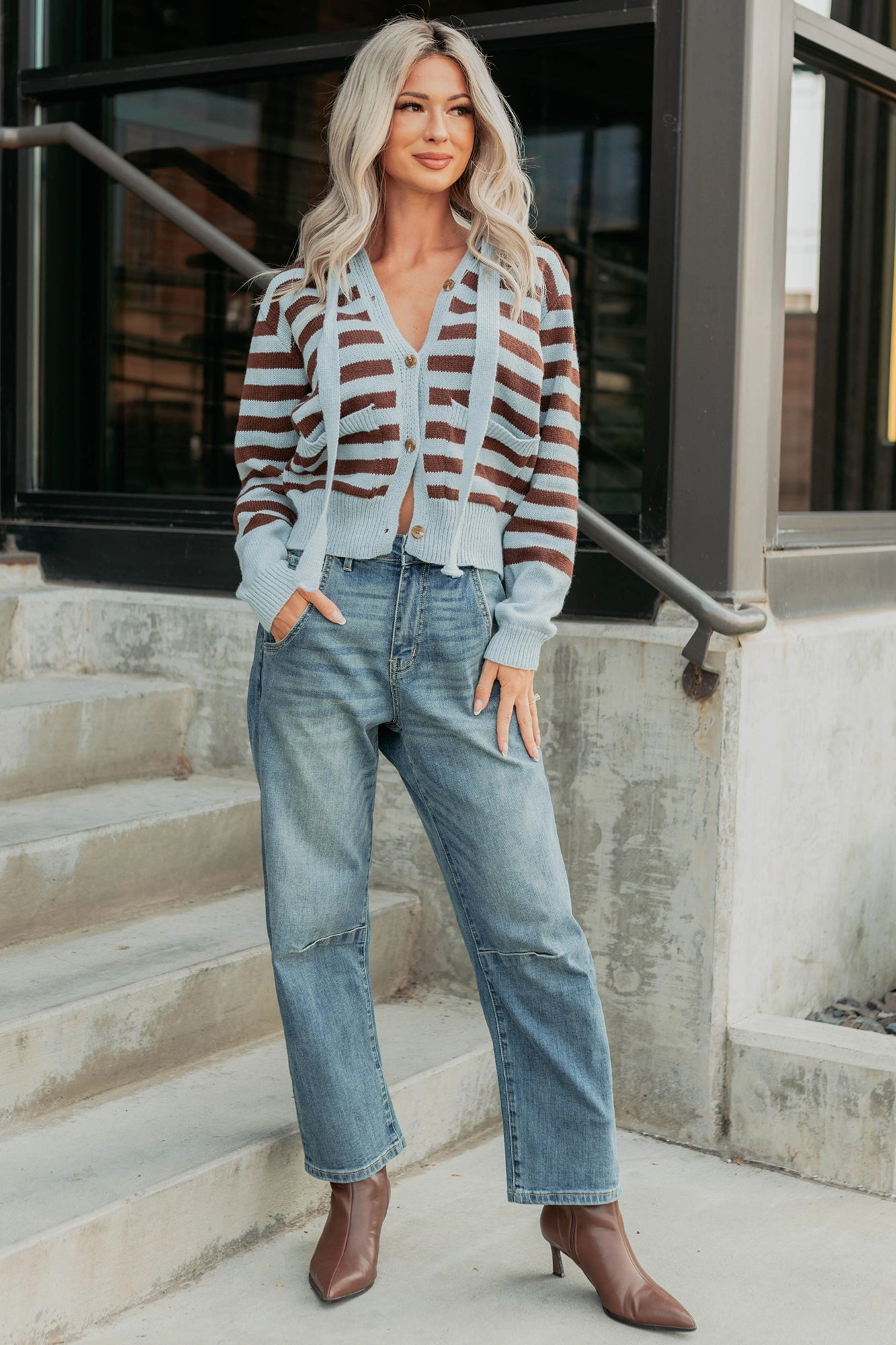 Sinking In Striped Knit Hooded Cardigan (Light Blue) Stretch Woven Material DoubleStitched Hemming