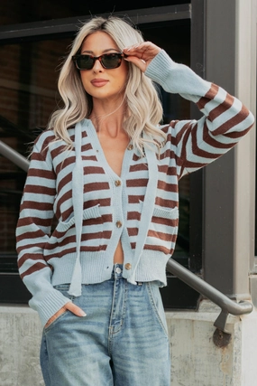 FlexibleRibbing Sinking In Striped Knit Hooded Cardigan (Light Blue)