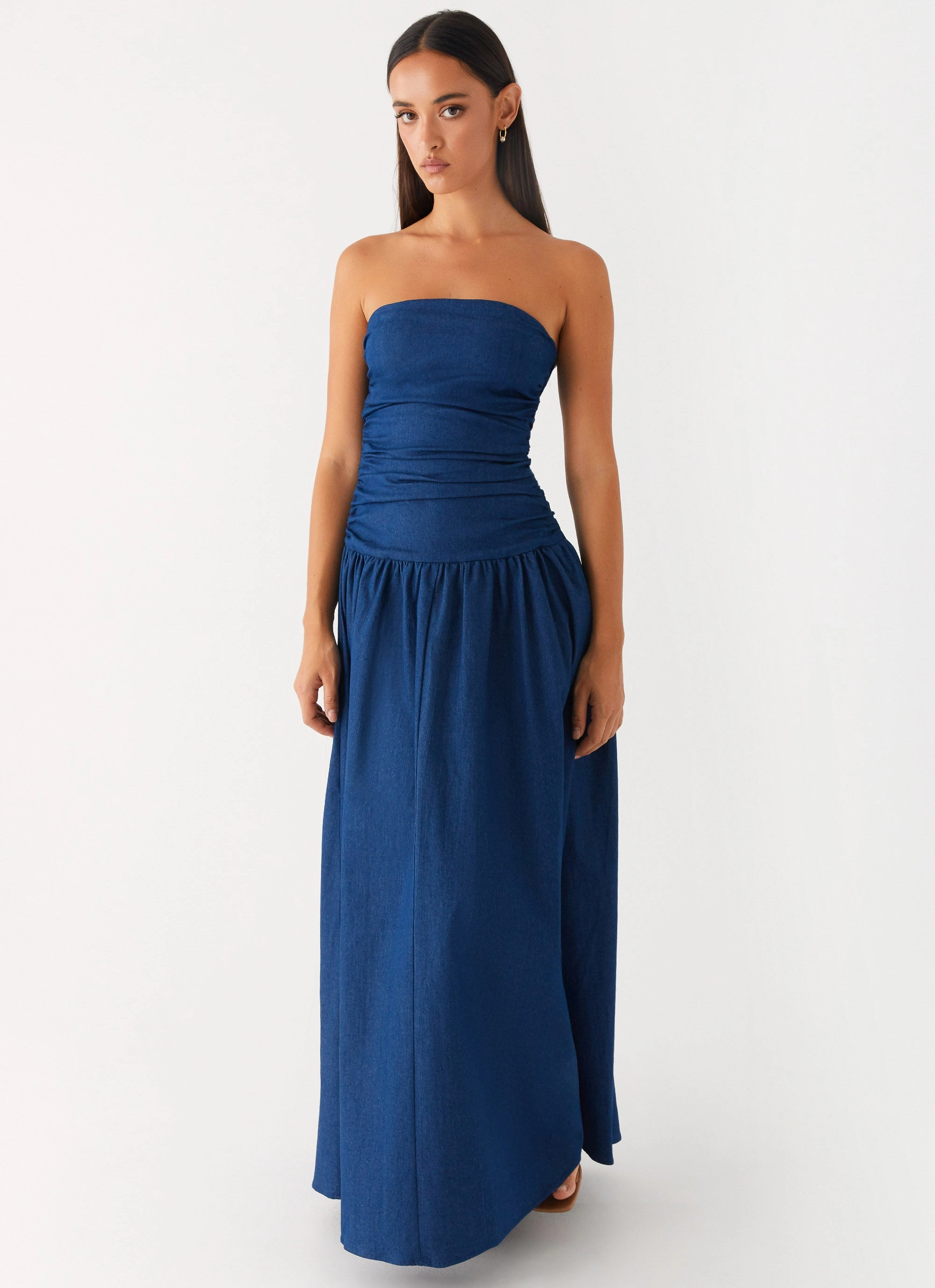 Elegant Look Belt Waist Carmel Denim Maxi Dress - Indigo