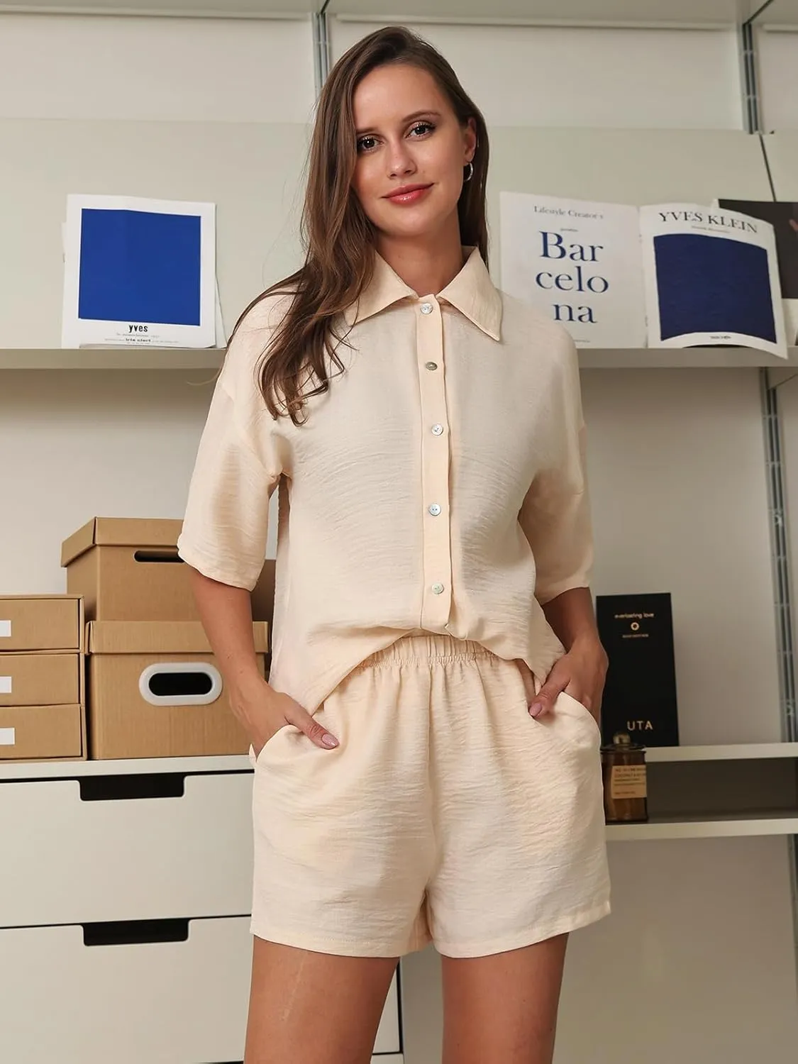 HOTIAN Womens Casual 2 Piece Outfits Button Down Shirt Top and High Waisted Shorts Resort Wear Beach Set