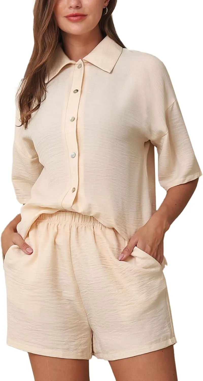 HOTIAN Womens Casual 2 Piece Outfits Button Down Shirt Top and High Waisted Shorts Resort Wear Beach Set
