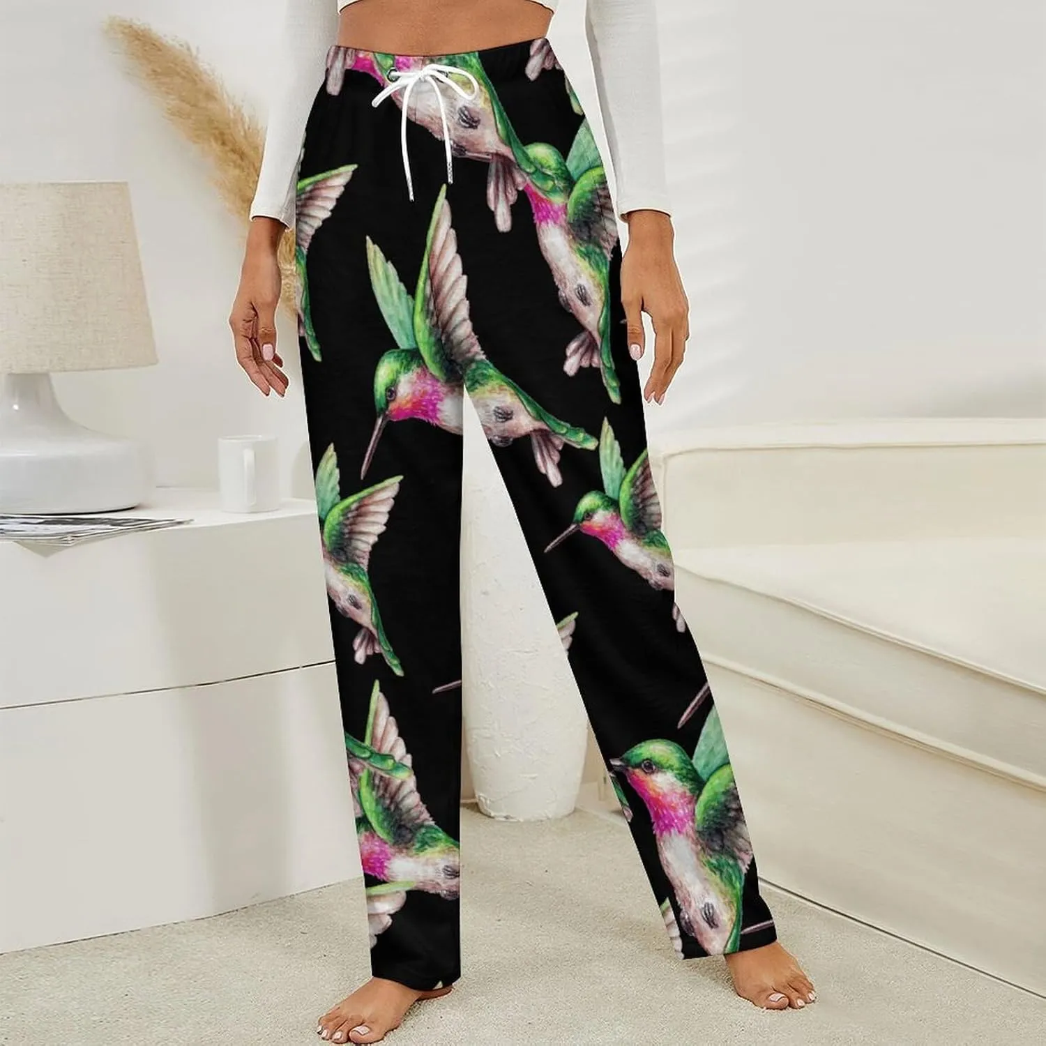 Hummingbird Bird Women's Flannel Pajama Pants Fleece Lounge Sleep Bottoms PJ
