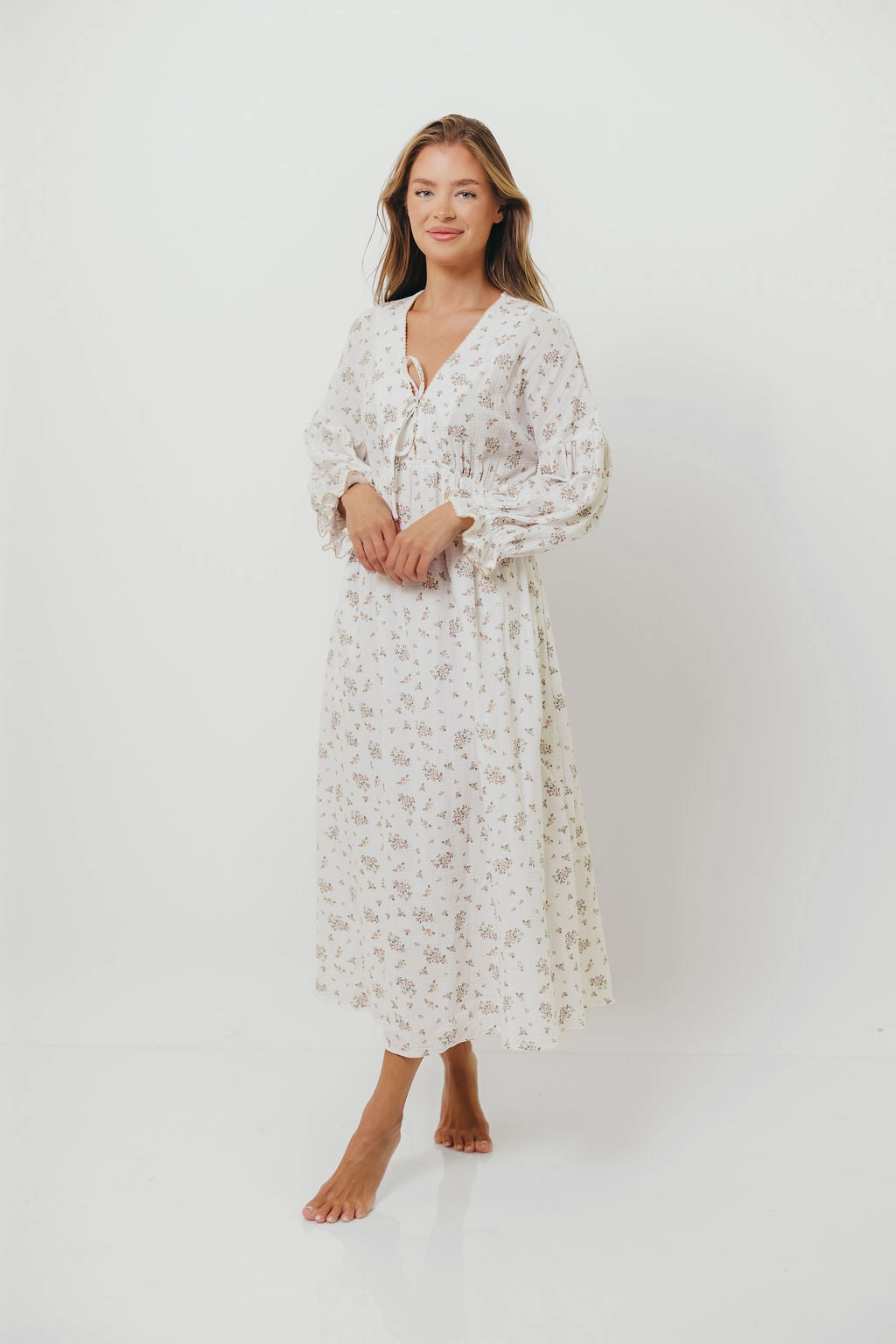 Simple yet chic gown Stylish Silhouette Hunter 100% Cotton Gauze Maxi Dress with Detail Trimming in Ivory Pink Floral - Bump Friendly and Inclusive Sizing