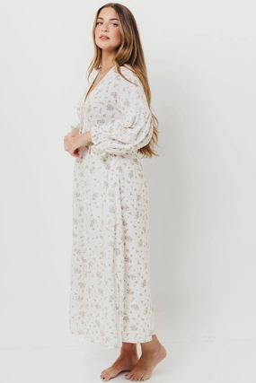 Sophisticated Comfort Hunter 100% Cotton Gauze Maxi Dress with Detail Trimming in Ivory Pink Floral - Bump Friendly and Inclusive Sizing