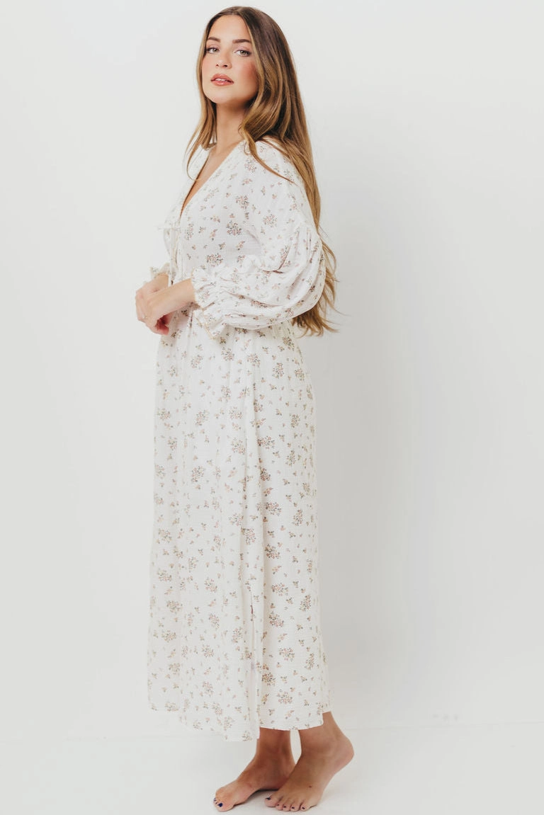 Sophisticated Comfort Hunter 100% Cotton Gauze Maxi Dress with Detail Trimming in Ivory Pink Floral - Bump Friendly and Inclusive Sizing