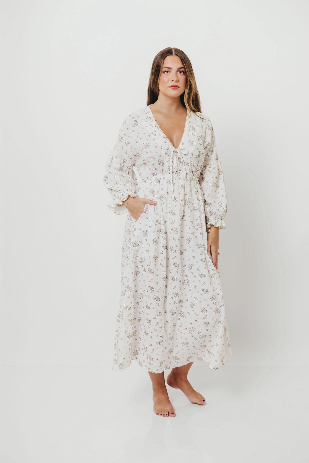 Subtle Drape Mini-Length Hunter 100% Cotton Gauze Maxi Dress with Detail Trimming in Ivory Pink Floral - Bump Friendly and Inclusive Sizing