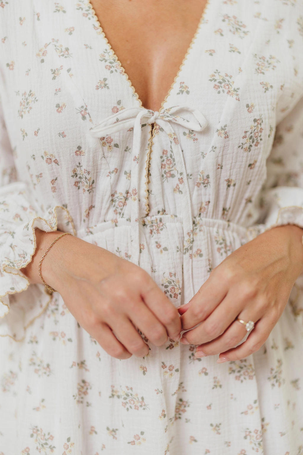 Clean Outline Chill Mode Hunter 100% Cotton Gauze Maxi Dress with Detail Trimming in Ivory Pink Floral - Bump Friendly and Inclusive Sizing