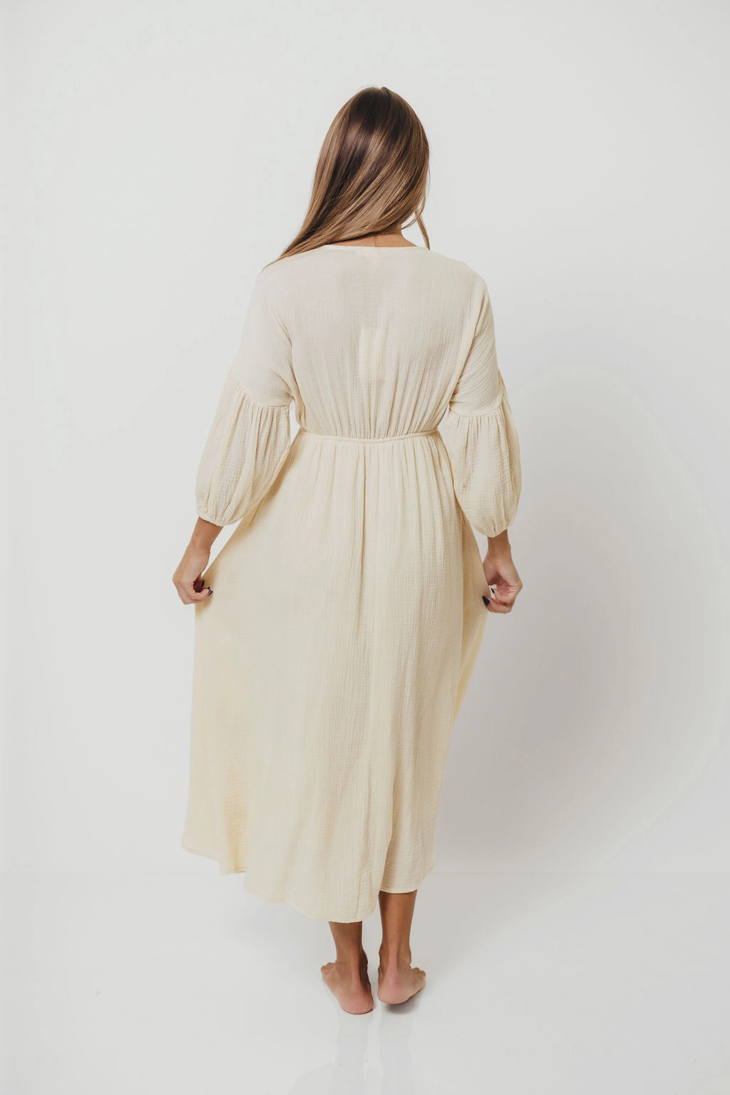 Hunter 100% Cotton Gauze Midi Dress in Butter - Bump Friendly Smart Layer Wear Soft touch evening dress