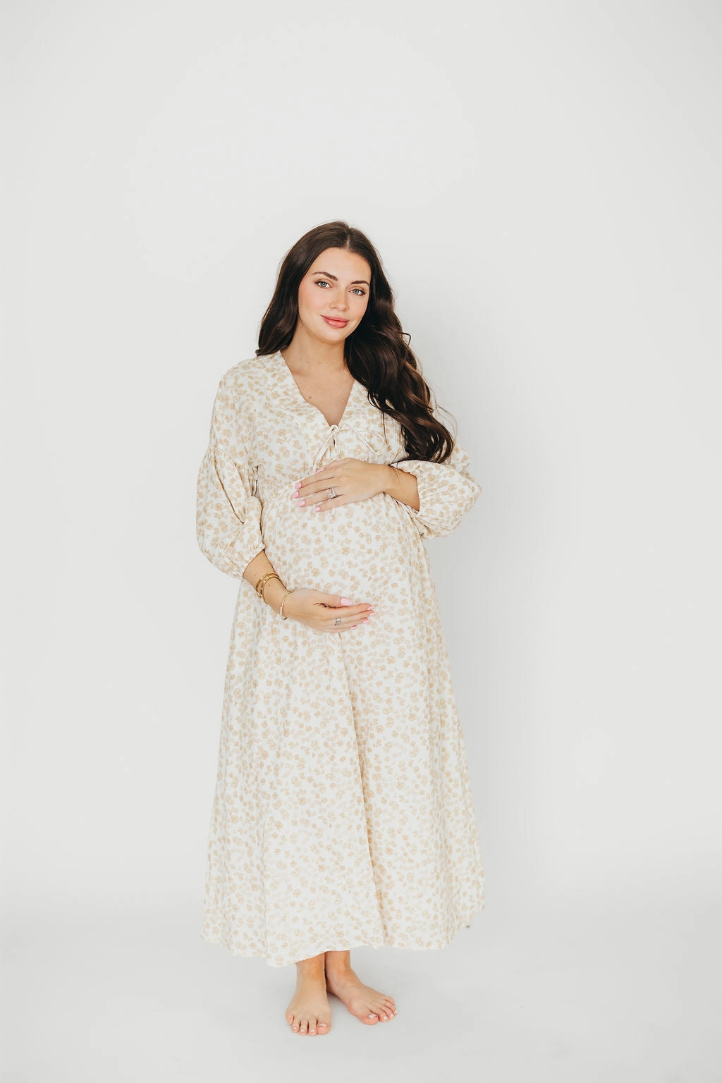 Refined Form Flattering Style Hunter 100% Cotton Gauze Midi Dress in Natural/Fawn Floral - Bump Friendly
