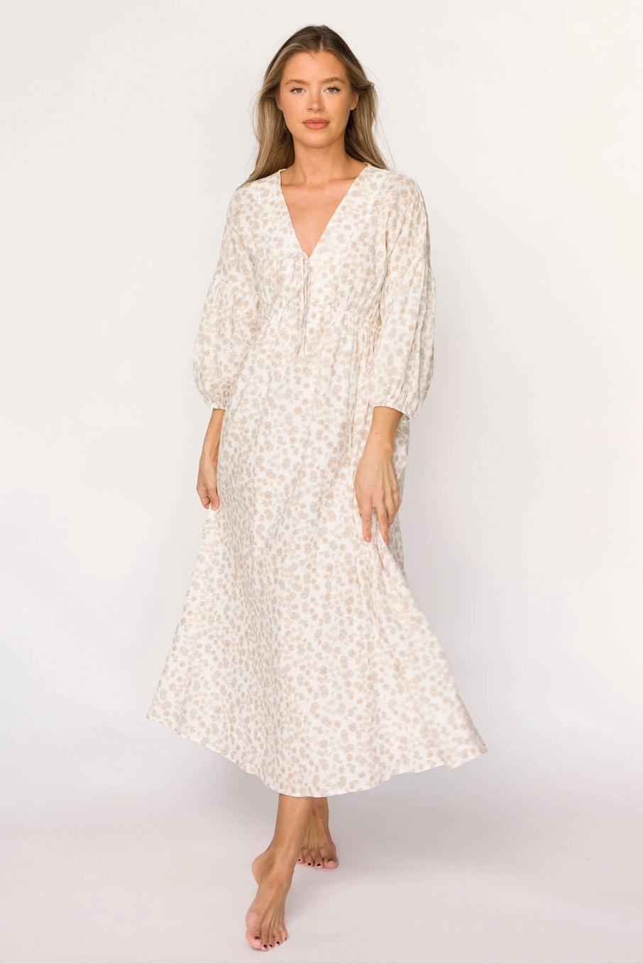 Beaded-Sleeve Hunter 100% Cotton Gauze Midi Dress in Natural/Fawn Floral - Bump Friendly