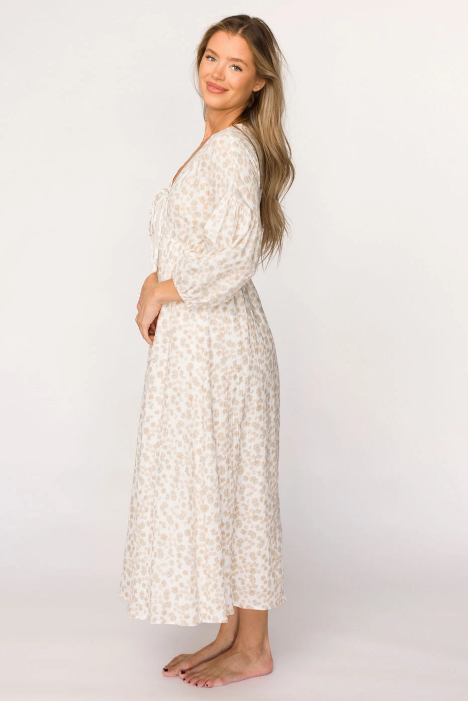 Hunter 100% Cotton Gauze Midi Dress in Natural/Fawn Floral - Bump Friendly Relax Motion Simple Touch