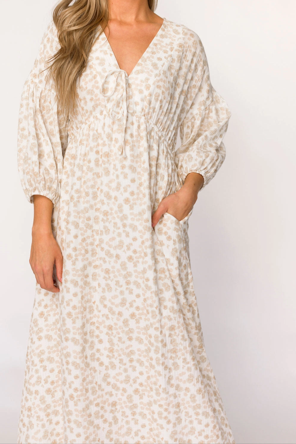 Hunter 100% Cotton Gauze Midi Dress in Natural/Fawn Floral - Bump Friendly Cocktail Ready