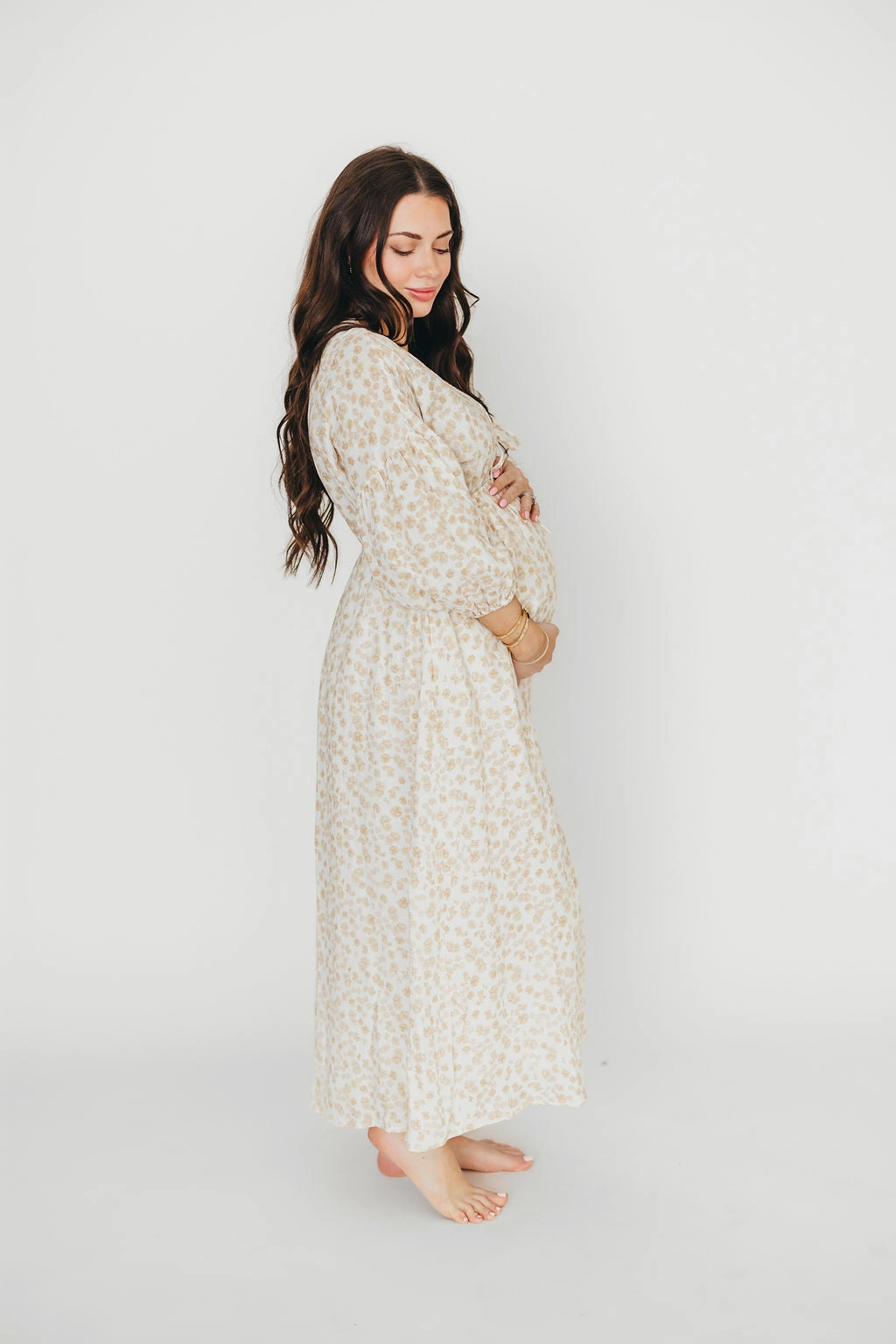 Clean Texture Bold Pattern Hunter 100% Cotton Gauze Midi Dress in Natural/Fawn Floral - Bump Friendly