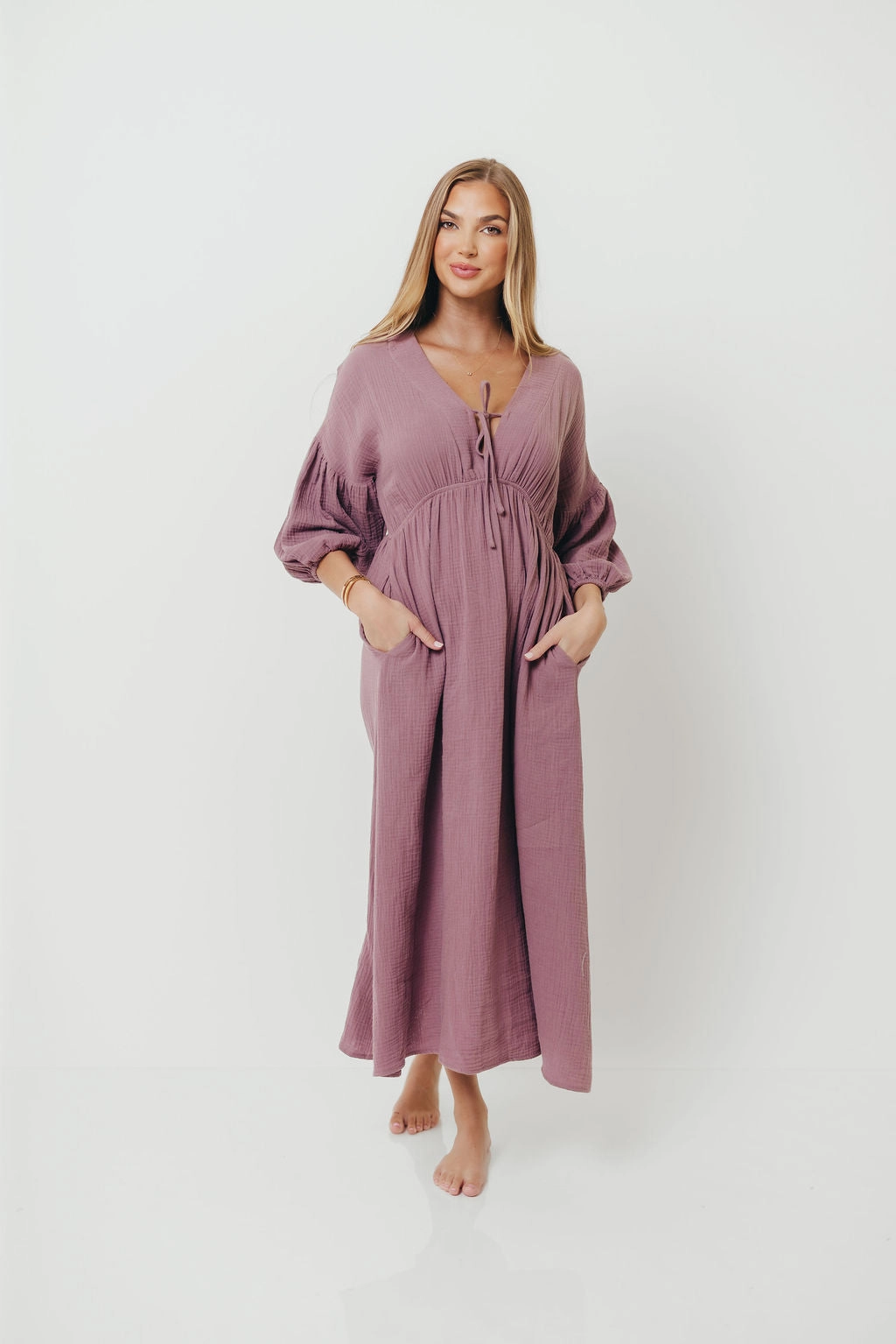Wedding guest Hunter 100% Cotton Gauze Midi Dress in Smoky Plum - Bump Friendly