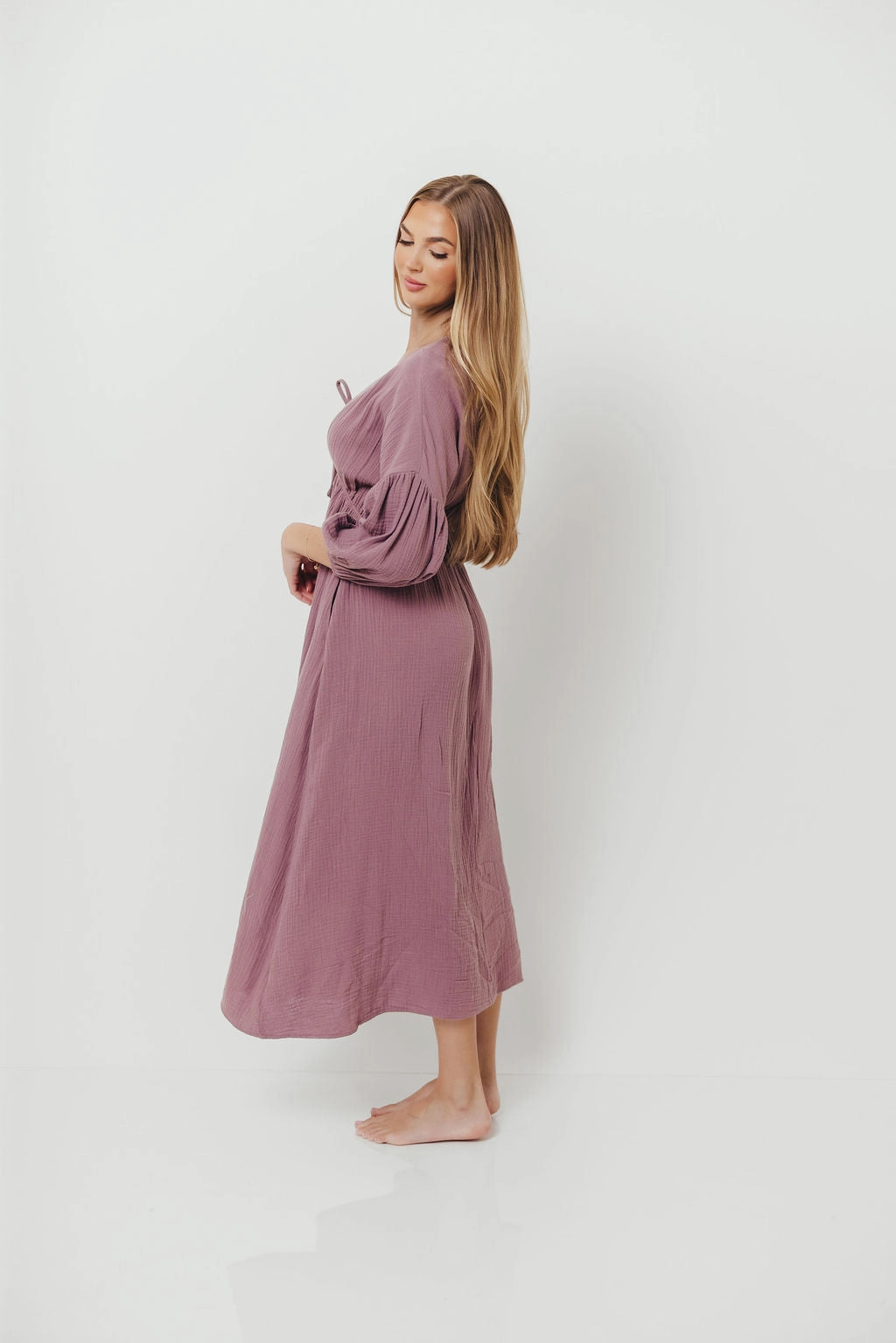 Hunter 100% Cotton Gauze Midi Dress in Smoky Plum - Bump Friendly Gentle Aesthetic Soft Movement