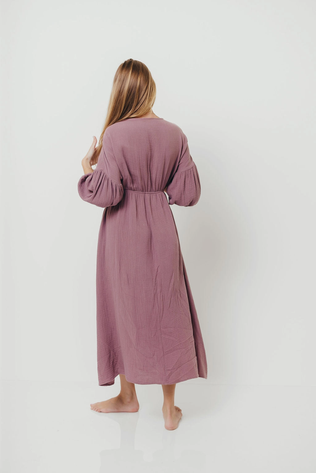Mood Glow Layering Comfort Hunter 100% Cotton Gauze Midi Dress in Smoky Plum - Bump Friendly