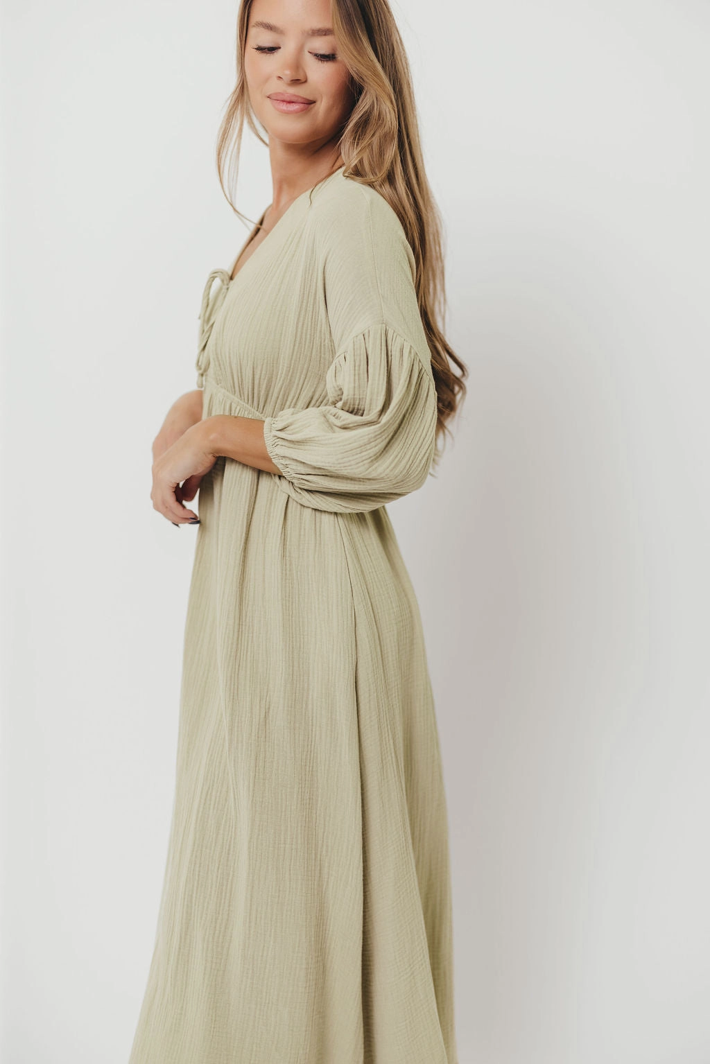 Rhinestone-Detail Hunter 100% Cotton Gauze Midi Dress in Thyme - Bump Friendly and Inclusive Sizing