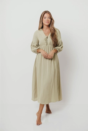 All Gender Kimono-Sleeve Hunter 100% Cotton Gauze Midi Dress in Thyme - Bump Friendly and Inclusive Sizing