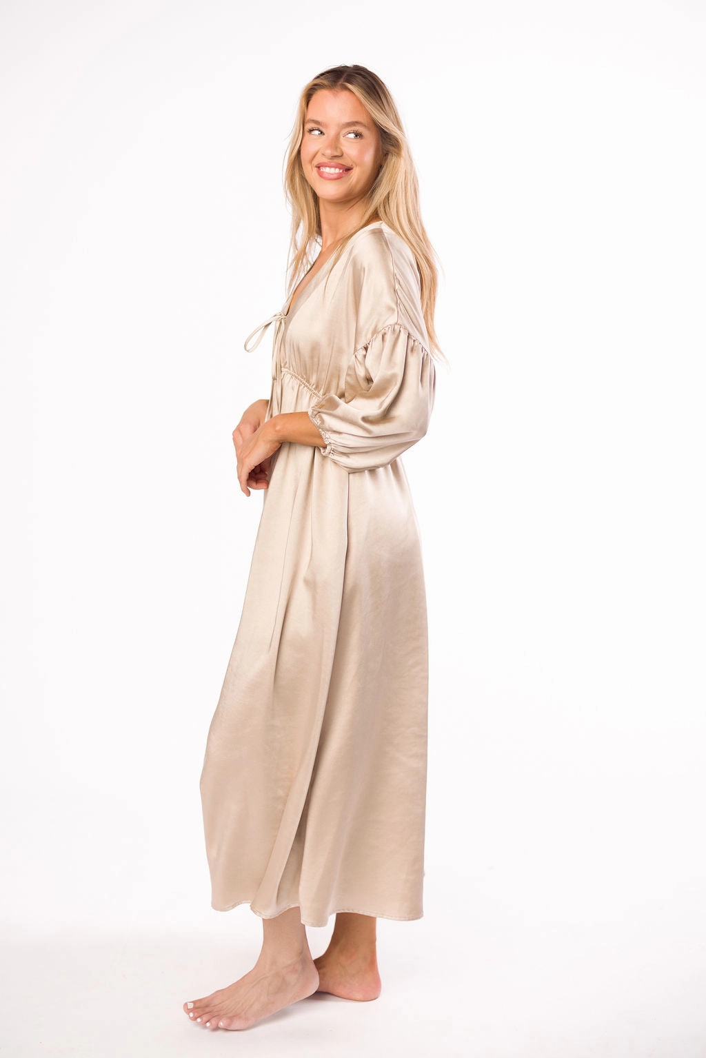 Ethically-Made Anti-Static-Finish Hunter Premium *Satin* Midi Dress in Champagne - Bump Friendly *Final-Sale*