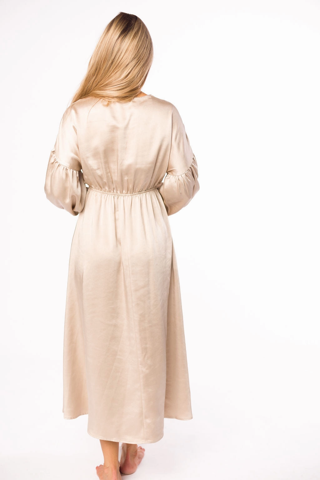 Sophisticated Design Harmonious Layers Hunter Premium *Satin* Midi Dress in Champagne - Bump Friendly *Final-Sale*