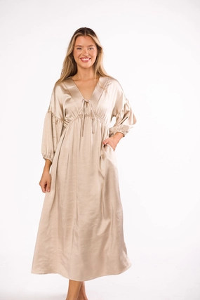 Statement-Print Hunter Premium *Satin* Midi Dress in Champagne - Bump Friendly *Final-Sale*
