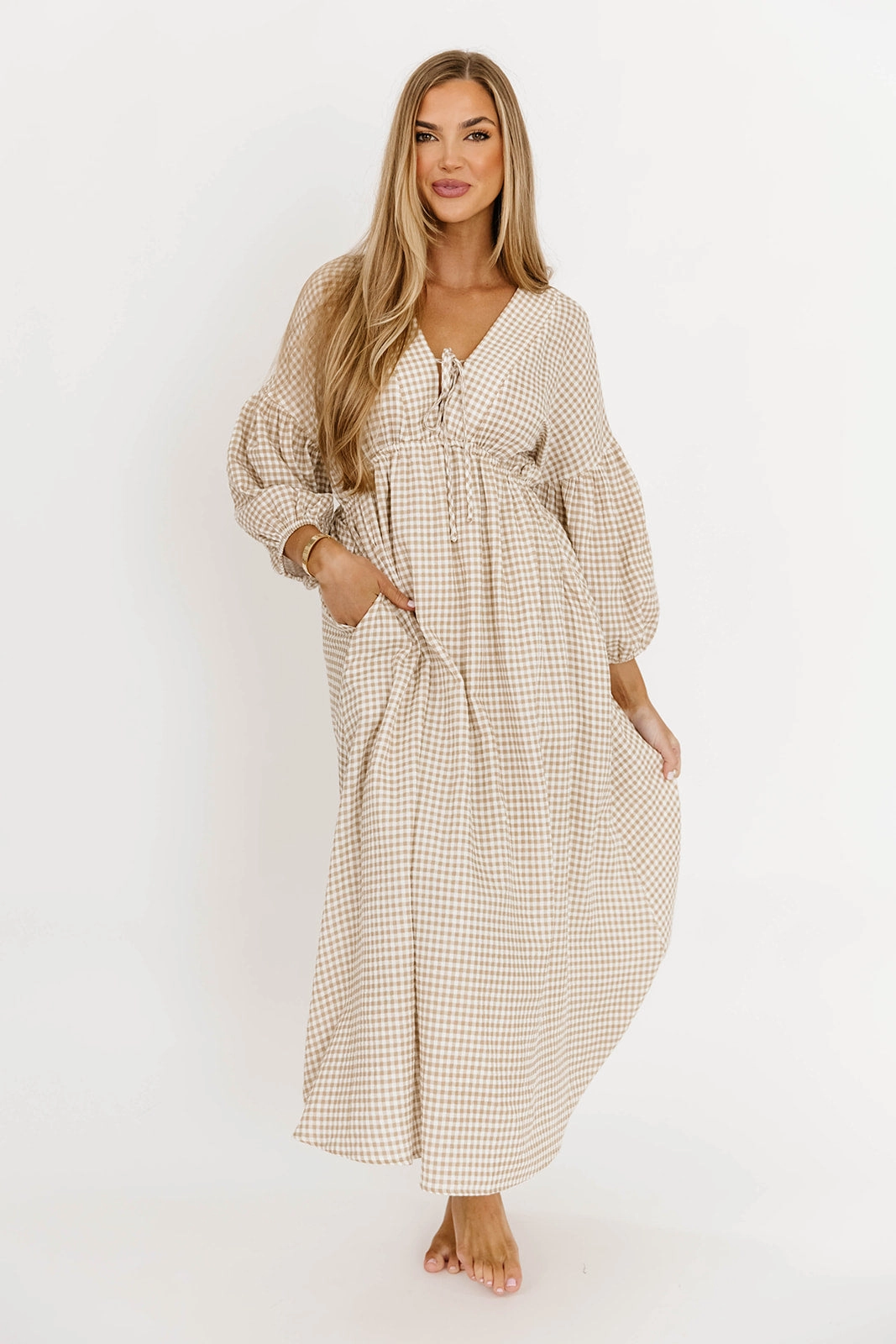 Hunter Printed Gauze Midi Dress in Natural Plaid - Bump Friendly Trendy Cut Shirred-Detail