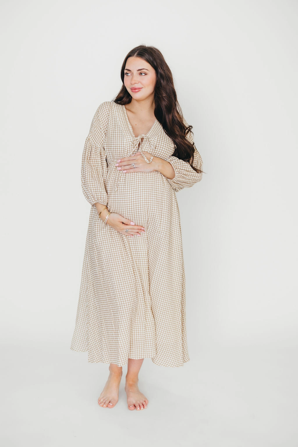 Hunter Printed Gauze Midi Dress in Natural Plaid - Bump Friendly Relaxed Comfort Look Trendy summer outfit