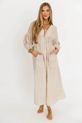 Feminine full-length gown Hunter Printed Gauze Midi Dress in Natural Plaid - Bump Friendly