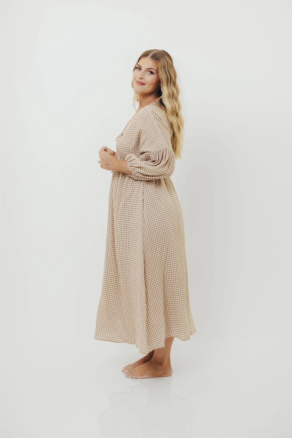 Hunter Printed Gauze Midi Dress in Natural Plaid - Bump Friendly Tailored-fit