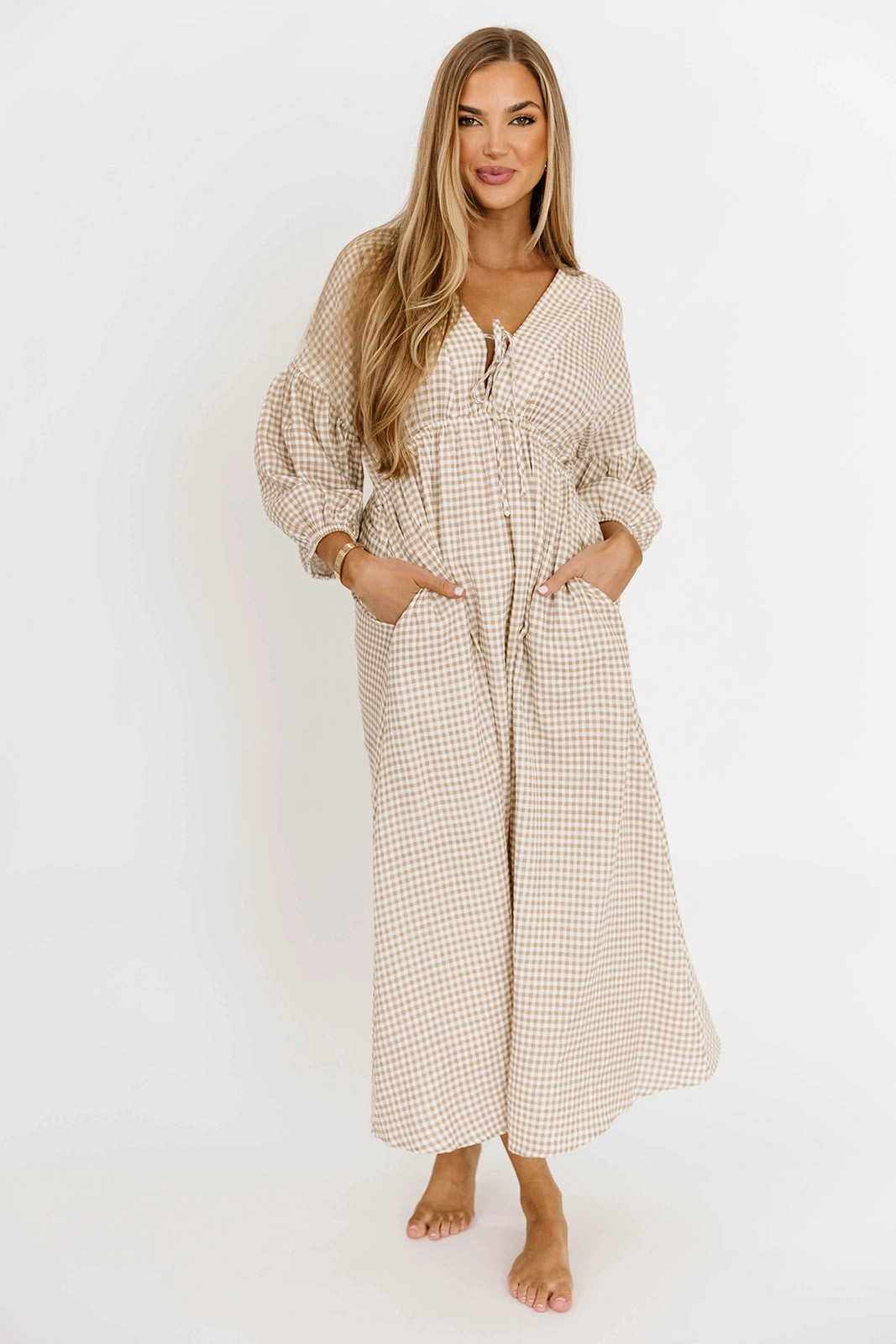 Feminine full-length gown Hunter Printed Gauze Midi Dress in Natural Plaid - Bump Friendly
