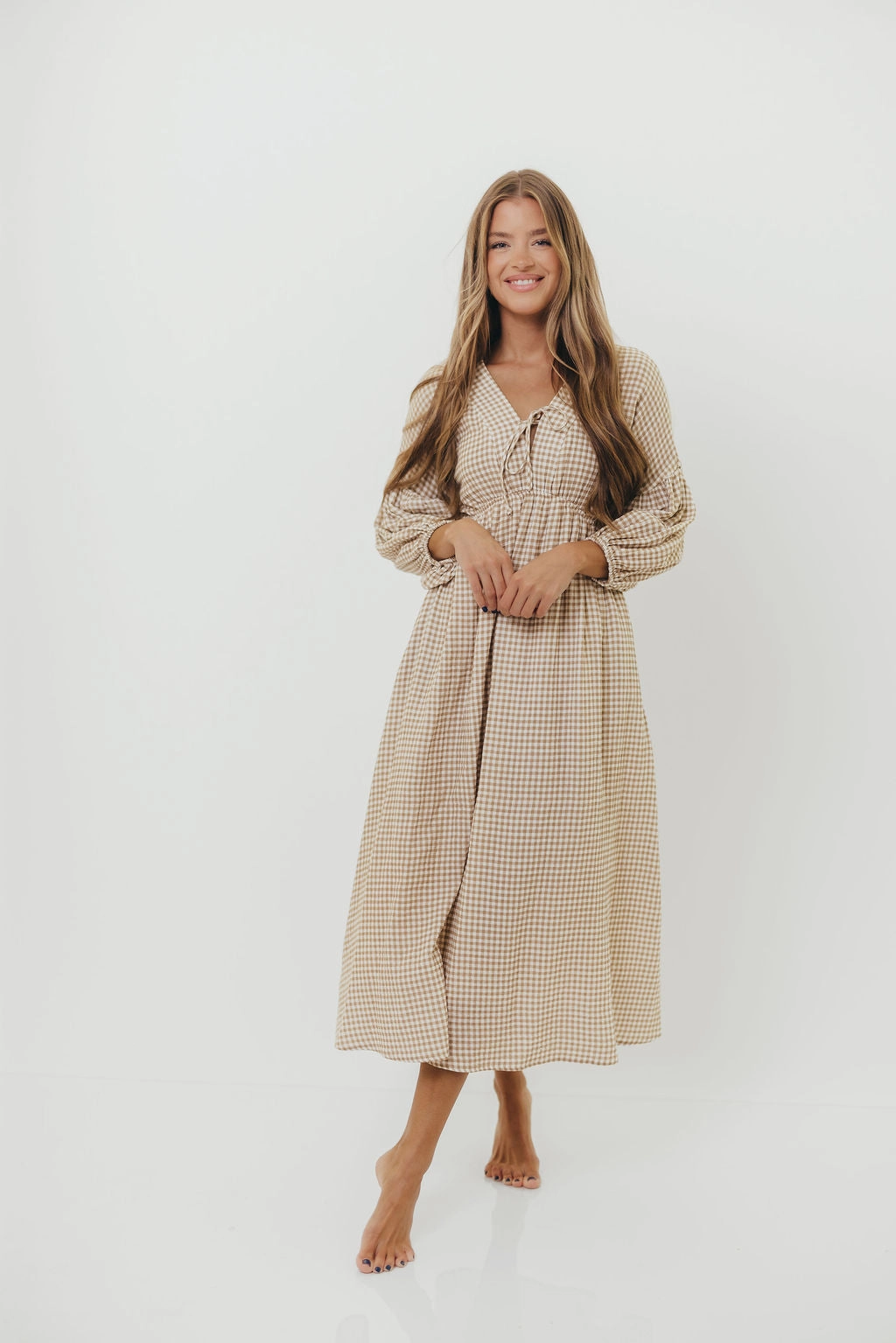 Casual Mode Hunter Printed Gauze Midi Dress in Natural Plaid - Bump Friendly