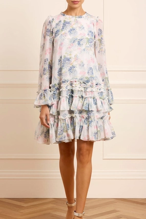 Formal Choice Elegant Waist Hydrangea Chiffon Round Neck Mini Dress