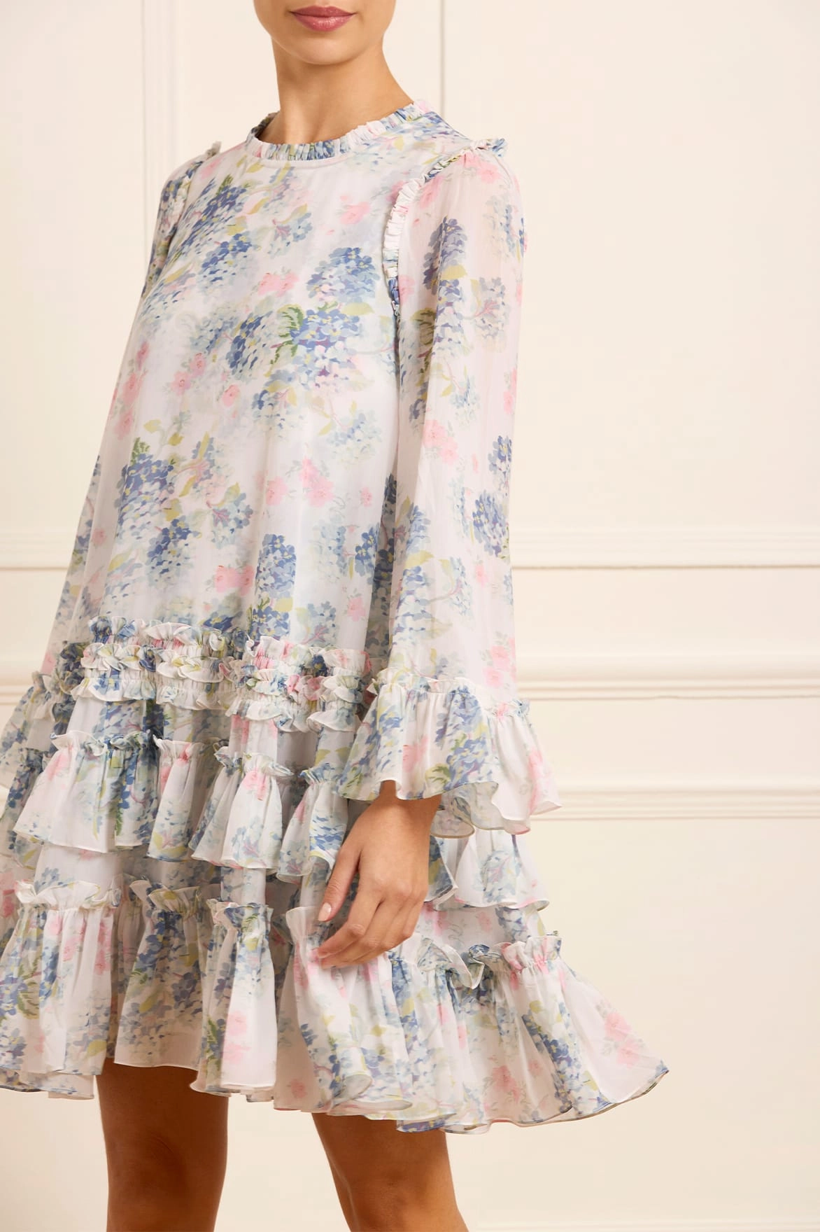Hydrangea Chiffon Round Neck Mini Dress Lounge Vibe Easy Layering