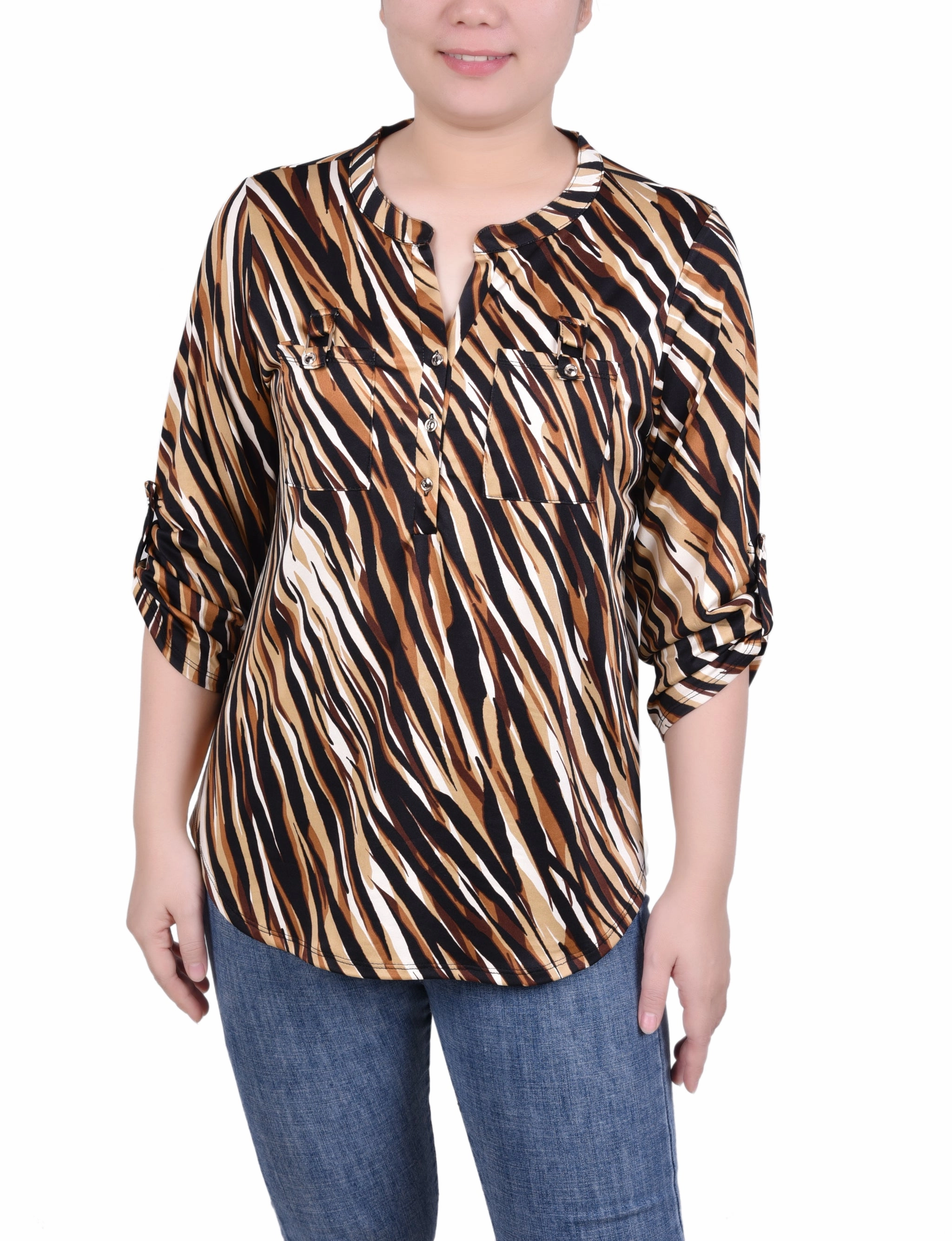 Long Tab-Sleeve Top With Pockets CushionedSupport Flexible Ribbed Cuffs