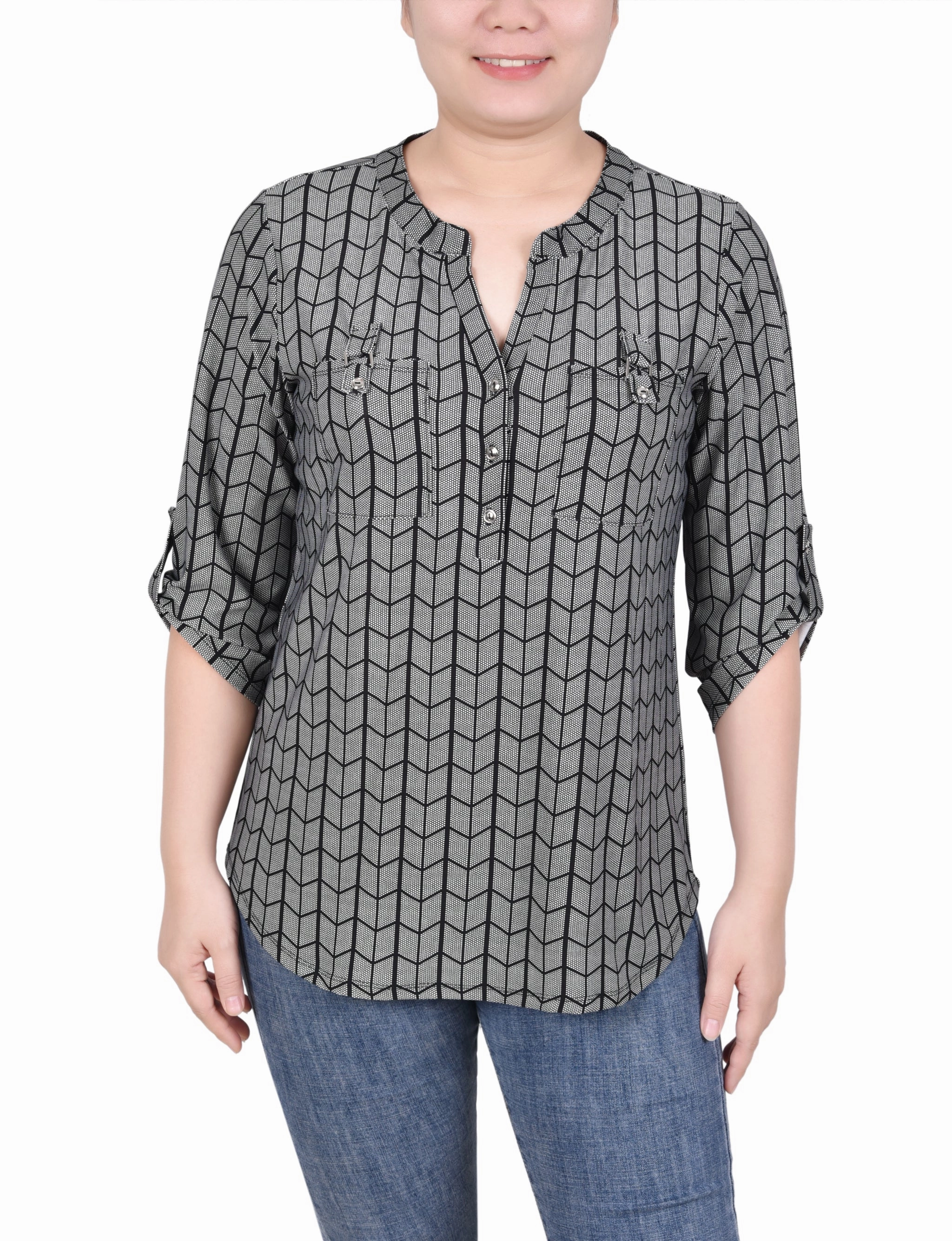 Textured Fabric Finish Ergonomic Fit Design Long Tab-Sleeve Top With Pockets